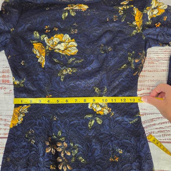 Dark Blue Lace Dress Yellow Roses M Bell Sleeve Line Whimsigoth Fairy Witch NWT - Picture 12 of 16